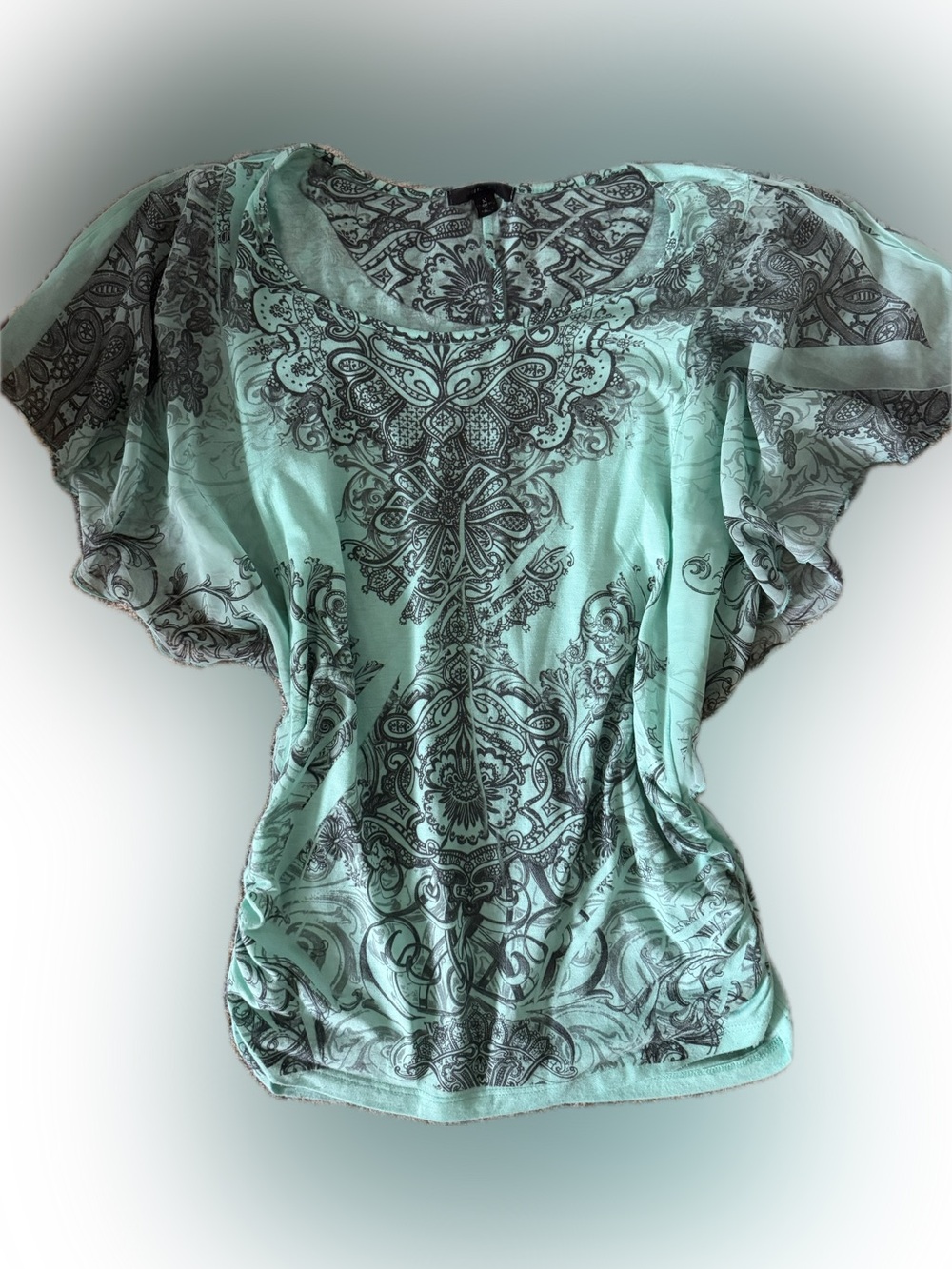Y2K Whimsy Fairy Mint Green Paisley Print Flutter Sleeve Top